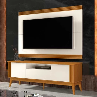 Rack Com Painel Ripado Para TV 75 Pol Brunt 1.8 EAX Móveis Cedro/Off White