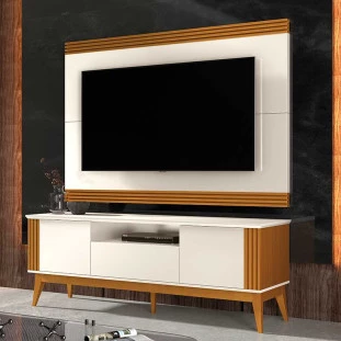 Rack Com Painel Ripado Para TV 75 Pol Brunt 1.8 EAX Móveis Off White/Cedro