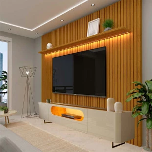Rack Nobre Pés Ferro Com Painel Ripado Nobre TV 85 Pol 230x250 Gelius Naturale/Off White