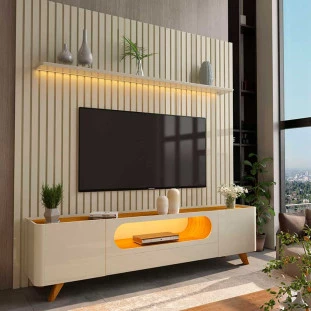 Rack Nobre Pés Madeira Com Painel Ripado Nobre TV 85 Pol 230x250 Gelius Off White