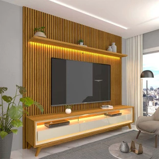 Rack Com Painel Ripado 3D TV 75 Polegadas 224cm Requinte Pés Madeira Gelius Naturale/Off White