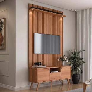 Rack Com Painel 136cm Para TV 55 Polegadas River 1.36 Lukaliam Jequitiba Ripado 3D