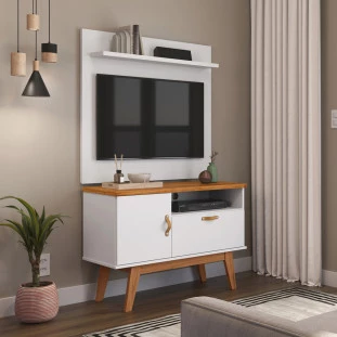 Rack com Painel Pequeno 90cm Quarto Sala Para TV 32 Sirius Patrimar Branco Cinamomo/Branco