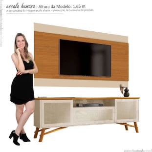 Rack Com Painel 1.8 Com Rattan TV 58 Pol Dante EAX Móveis Off White/Cedro