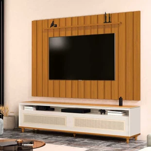 Rack Com Painel Ripado 218cm Para TV 75 Polegadas Hannover Brise 2.2 EDN Off White/Cedro