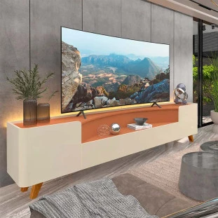 Rack Para TV Até 85 Polegadas Com LED 230cm Pés Madeira Infinity Gelius Off White/Terracota
