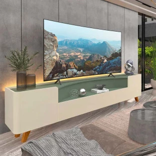 Rack Para TV Até 85 Polegadas Com LED 230cm Pés Madeira Infinity Gelius Off White/Verde Floresta