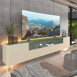 Rack Para TV Até 85 Polegadas Com LED 230cm Pés de Vidro Infinity Gelius Off White/Verde Floresta