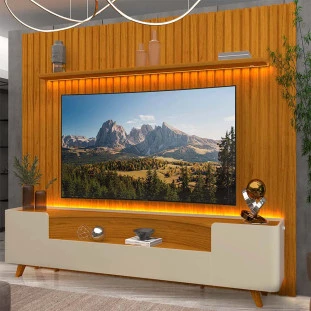 Rack Infinity Pés Madeira Com Painel Ripado Nobre TV 85 Pol 230x250 Gelius Naturale/Off White
