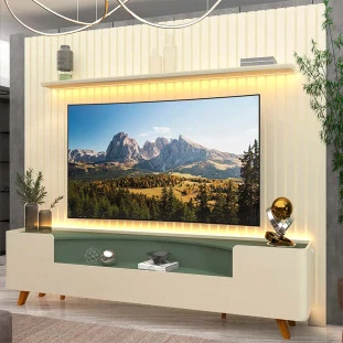 Rack Infinity Pés Madeira Com Painel Ripado Nobre TV 85 Pol 230x250 Gelius Off White/Verde Floresta