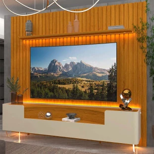 Rack Infinity Pés Vidro Com Painel Ripado Nobre TV 85 Pol 230x250 Gelius Naturale/Off White