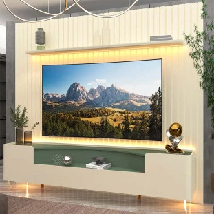 Rack Infinity Pés Vidro Com Painel Ripado Nobre TV 85 Pol 230x250 Gelius Off White/Verde Floresta