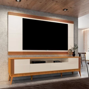 Painel Para TV 75 Polegadas Ripado 220cm Brunt EAX Móveis Off White/Cedro