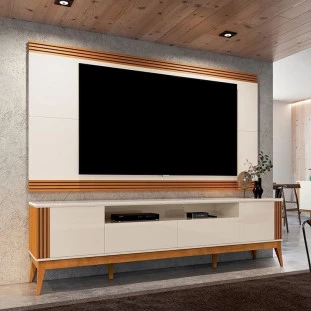 Rack Com Painel Ripado Para TV 75 Polegadas Brunt 220cm EAX Móveis Off White/Cedro