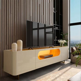 Rack Com LED Pra TV 75 Polegadas Design Exclusivo 210cm Nobre Pés de Ferro Gelius Off White