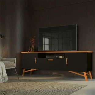 Rack Retro 180cm Para Sala TV 75 Polegadas Soggiorno EAX Móveis Preto/Cedro