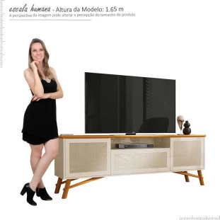 Rack Para Sala 180cm Com Rattan TV 75 Polegadas Dante EAX Móveis Off White/Cedro