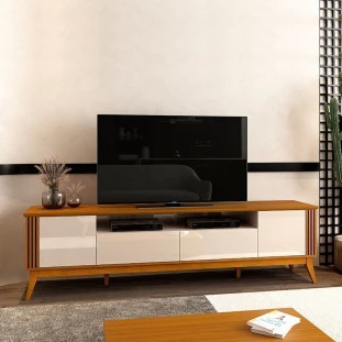 Rack Para Sala Ripado 220cm Para TV 75 Polegadas Brunt EAX Móveis Cedro/Off White