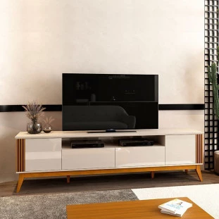 Rack Para Sala Ripado 220cm Para TV 75 Polegadas Brunt EAX Móveis Off White/Cedro