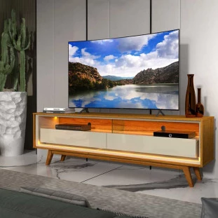Rack Com LED Pra TV 65 Polegadas 172cm Requinte Pés Madeira Gelius Naturale/Off White