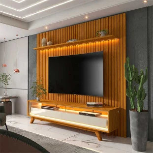 Rack Requinte Pés Madeira com Painel Ripado Nobre 184cm TV 75 Polegadas Com LED Gelius Naturale/Off White