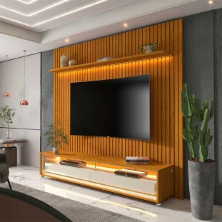 Rack Requinte Rodízios com Painel Ripado Nobre 184cm TV 75 Polegadas Com LED Gelius Naturale/Off White