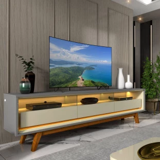 Rack Com LED Pra TV 75 Polegadas 212cm Requinte Pés Madeira Gelius Cinza/Off White