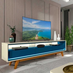 Rack Com LED Pra TV 75 Polegadas 212cm Requinte Pés Madeira Gelius Off White/Azul