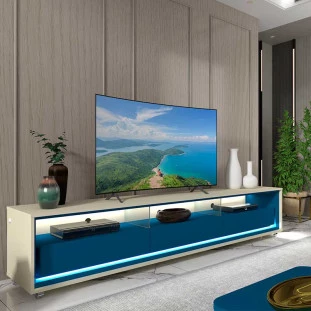 Rack Com LED Pra TV 75 Polegadas 212cm Requinte Rodízios Gelius Off White/Azul