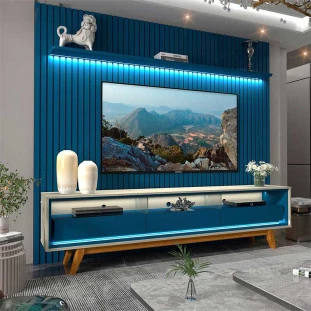 Rack Requinte Pés Madeira com Painel Ripado Nobre 230cm LED TV 85 Polegadas Gelius Azul/Off White
