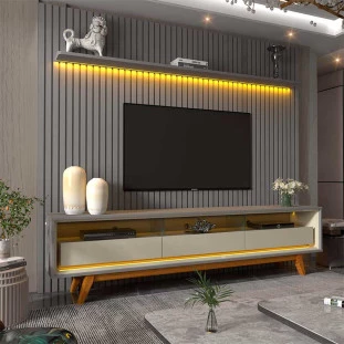 Rack Requinte Pés Madeira com Painel Ripado Nobre 230cm LED TV 85 Polegadas Gelius Cinza/Off White