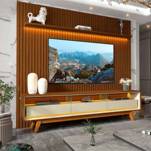 Rack Requinte Pés Madeira com Painel Ripado Nobre 230cm LED TV 85 Polegadas Gelius Castanho/Off White