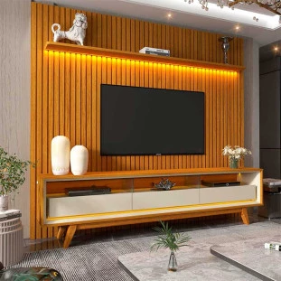 Rack Requinte Pés Madeira com Painel Ripado Nobre 230cm LED TV 85 Polegadas Gelius Naturale/Off White