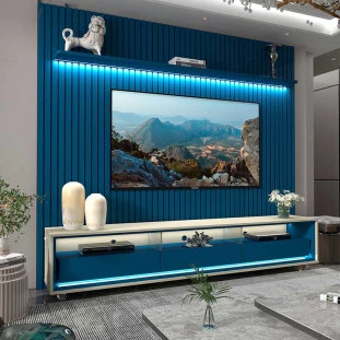 Rack Requinte Pés Rodízios com Painel Ripado Nobre 230cm LED TV 85 Polegadas Gelius Azul/Off White
