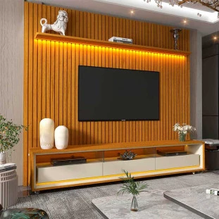 Rack Requinte Pés Rodízios com Painel Ripado Nobre 230cm LED TV 85 Polegadas Gelius Naturale/Off White