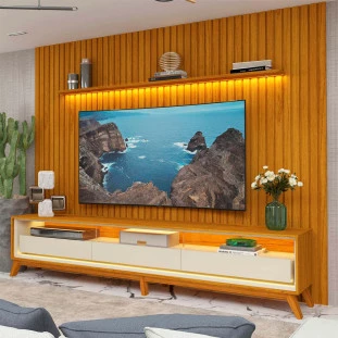 Rack Requinte 260 Pés Madeira com Painel Ripado Nobre LED 275cm TV 85 Polegadas Gelius Naturale/Off White