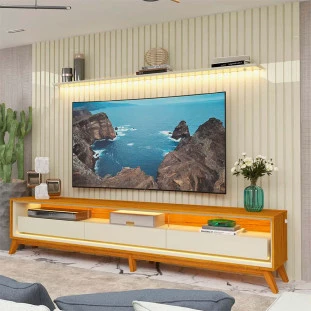 Rack Requinte 260 Pés Madeira com Painel Ripado Nobre LED 275cm TV 85 Polegadas Gelius Off White/Naturale