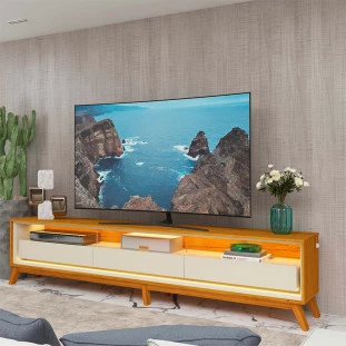 Rack Com LED Pra TV 85 Polegadas 260cm Requinte Pés de Madeira Gelius Naturale/Off White