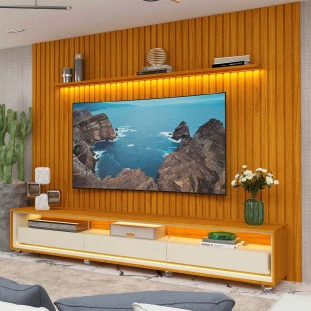 Rack Requinte 260 Pés Rodízios com Painel Ripado Nobre LED 275cm TV 85 Polegadas Gelius Naturale/Off White