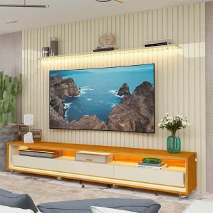 Rack Requinte 260 Pés Rodízios com Painel Ripado Nobre LED 275cm TV 85 Polegadas Gelius Off White/Naturale