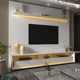 Rack Requinte Pés Rodízios com Painel Ripado Nobre 230cm LED TV 85 Polegadas Gelius Branco