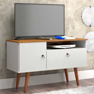 Rack Pequeno Retrô TV 32 Polegadas 90cm Yan Patrimar Branco/Cumaru