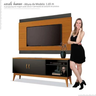 Rack Com Painel 160cm Para TV 60 Polegadas Gara EAX Móveis Preto/Cedro