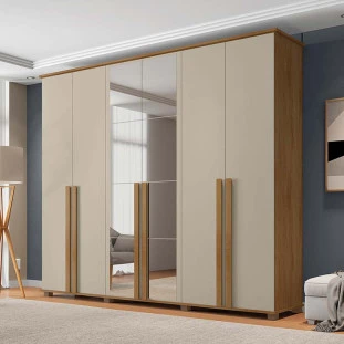 Guarda Roupa Casal 263cm 6 Portas Com Espelho Amsterdã RV Móveis Cinamomo/Off White