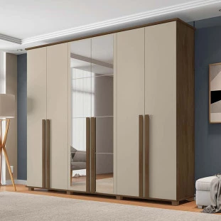 Guarda Roupa Casal 263cm 6 Portas Com Espelho Amsterdã RV Móveis Freijo/Off White