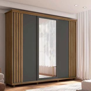 Guarda Roupa Casal Portas de Correr 271cm com Espelho Espanha RV Móveis Cinamomo Ripado/Grafite