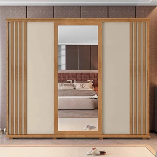 Guarda Roupa Casal Portas de Correr 271cm com Espelho Espanha RV Móveis Cinamomo Ripado/Off White