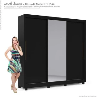 Guarda Roupa Casal Grande Espelhado 3 Portas Imperial Gelius Preto