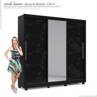 Guarda Roupa Casal Grande Espelhado 3 Portas Imperial Gelius Preto/Nero