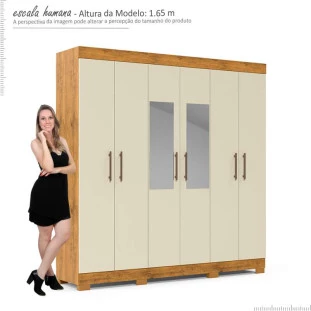 Guarda Roupa 6 Portas Com Espelho 3 Gavetas 200cm Madri Gelius Madeirado/Off White